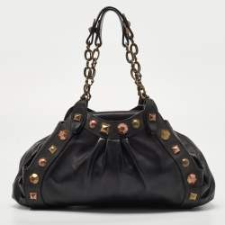 Pre Owned Moschino Black Leather Embellished Chain Link Satchel