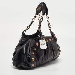 Pre Owned Moschino Black Leather Embellished Chain Link Satchel