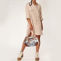 Pre Owned Moschino Metallic Silver/Tan Foil Leather Flap Satchel