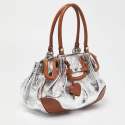 Pre Owned Moschino Metallic Silver/Tan Foil Leather Flap Satchel