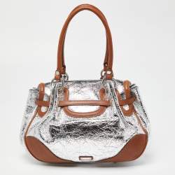 Pre Owned Moschino Metallic Silver/Tan Foil Leather Flap Satchel