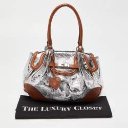 Pre Owned Moschino Metallic Silver/Tan Foil Leather Flap Satchel