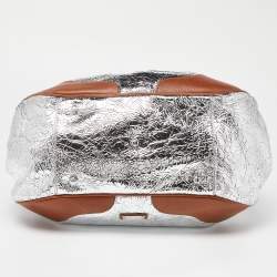 Pre Owned Moschino Metallic Silver/Tan Foil Leather Flap Satchel