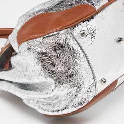 Pre Owned Moschino Metallic Silver/Tan Foil Leather Flap Satchel