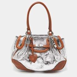 Pre Owned Moschino Metallic Silver/Tan Foil Leather Flap Satchel