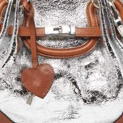 Pre Owned Moschino Metallic Silver/Tan Foil Leather Flap Satchel