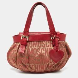 Moschino Red Signature Canvasand Leather Heart Charm Hobo