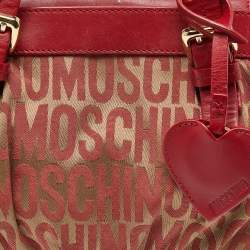 Moschino Red Signature Canvasand Leather Heart Charm Hobo
