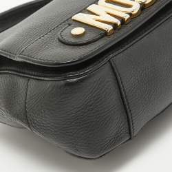 Moschino Black Leather Logo Flap Top Handle Bag