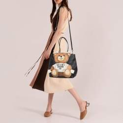 Pre Owned Moschino Black Textured Faux Leather Teddy Bear Tote