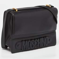 Pre Owned Moschino Black Leather Logo Flap Shoulder Bag