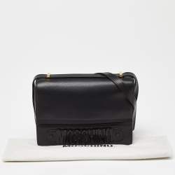 Pre Owned Moschino Black Leather Logo Flap Shoulder Bag