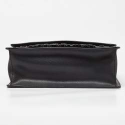 Pre Owned Moschino Black Leather Logo Flap Shoulder Bag