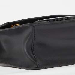 Pre Owned Moschino Black Leather Logo Flap Shoulder Bag