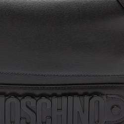 Pre Owned Moschino Black Leather Logo Flap Shoulder Bag