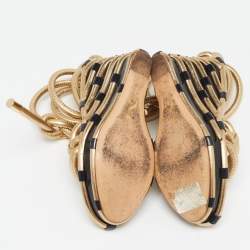 Pre Owned Moschino Metallic Gold Leather Wedge Ankle Wrap Sandals Size 37.5