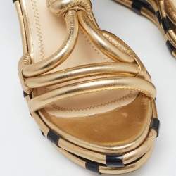 Pre Owned Moschino Metallic Gold Leather Wedge Ankle Wrap Sandals Size 37.5