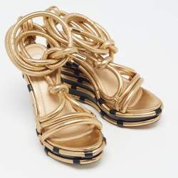 Pre Owned Moschino Metallic Gold Leather Wedge Ankle Wrap Sandals Size 37.5