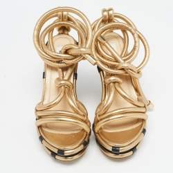 Pre Owned Moschino Metallic Gold Leather Wedge Ankle Wrap Sandals Size 37.5