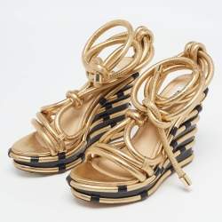 Pre Owned Moschino Metallic Gold Leather Wedge Ankle Wrap Sandals Size 37.5