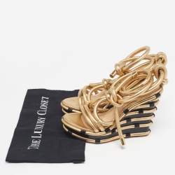 Pre Owned Moschino Metallic Gold Leather Wedge Ankle Wrap Sandals Size 37.5