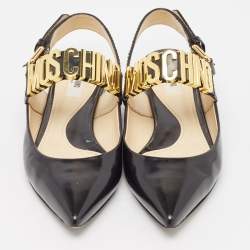 Moschino Black Leather Classic Logo Slingback Flats Size 37