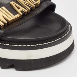 Pre Owned Moschino Black Leather Logo plaque Slingback Sandals Size 43