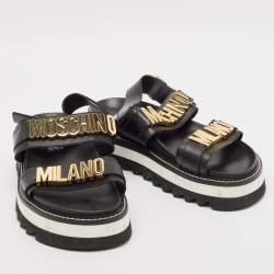Pre Owned Moschino Black Leather Logo plaque Slingback Sandals Size 43