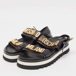 Pre Owned Moschino Black Leather Logo plaque Slingback Sandals Size 43