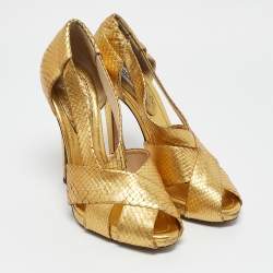 Moschino Gold Python Embossed Leather Peep Toe Pumps Size 40
