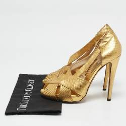 Moschino Gold Python Embossed Leather Peep Toe Pumps Size 40