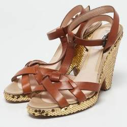 Moschino Brown Leather Sequin Embellished Ankle Strap Sandals Size 37