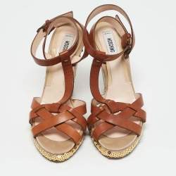 Moschino Brown Leather Sequin Embellished Ankle Strap Sandals Size 37