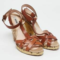 Moschino Brown Leather Sequin Embellished Ankle Strap Sandals Size 37