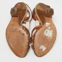 Moschino Brown Leather Sequin Embellished Ankle Strap Sandals Size 37