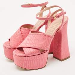 Moschino Pink Fabric Logo Cross Strap Platform Sandals Size 37