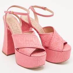 Moschino Pink Fabric Logo Cross Strap Platform Sandals Size 37