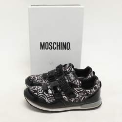 Pre Owned Moschino Black/White Printed Neoprene and Patent Leather Velcro Low Top Sneakers Size 36