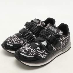 Pre Owned Moschino Black/White Printed Neoprene and Patent Leather Velcro Low Top Sneakers Size 36