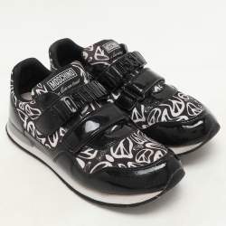 Pre Owned Moschino Black/White Printed Neoprene and Patent Leather Velcro Low Top Sneakers Size 36