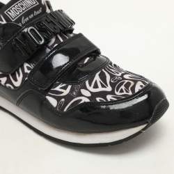 Pre Owned Moschino Black/White Printed Neoprene and Patent Leather Velcro Low Top Sneakers Size 36