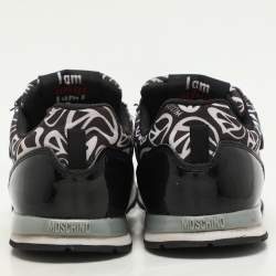 Pre Owned Moschino Black/White Printed Neoprene and Patent Leather Velcro Low Top Sneakers Size 36