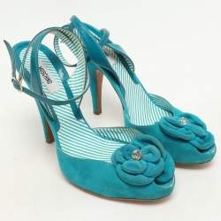 Moschino Blue Suede Flower Applique Ankle Strap Pumps Size 39.5