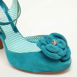 Moschino Blue Suede Flower Applique Ankle Strap Pumps Size 39.5
