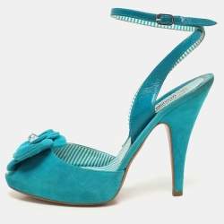 Moschino Blue Suede Flower Applique Ankle Strap Pumps Size 39.5