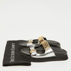 Moschino Silver Leather Logo Buckle Detail Chunky Slide Sandals Size 39