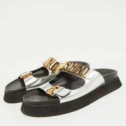 Moschino Silver Leather Logo Buckle Detail Chunky Slide Sandals Size 39