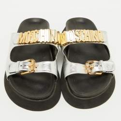 Moschino Silver Leather Logo Buckle Detail Chunky Slide Sandals Size 39
