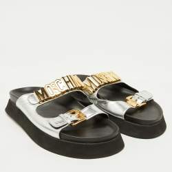 Moschino Silver Leather Logo Buckle Detail Chunky Slide Sandals Size 39