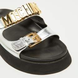 Moschino Silver Leather Logo Buckle Detail Chunky Slide Sandals Size 39